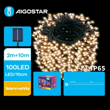 Aigostar - Catena di Natale solare a LED 100xLED/8 funzioni 12m IP65 bianco caldo