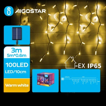 Aigostar - Catena di Natale solare a LED 100xLED/8 funzioni 8x0,6m IP65 bianco caldo