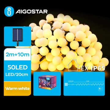 Aigostar - Catena di Natale solare a LED 50xLED/8 funzioni 12m IP65 bianco caldo