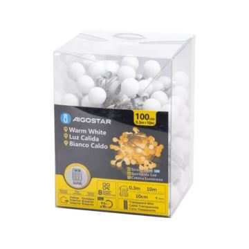 Aigostar - Catena LED natalizia da esterno 100xLED/3xAA/8 funzioni 10,3 m IP44 bianco caldo