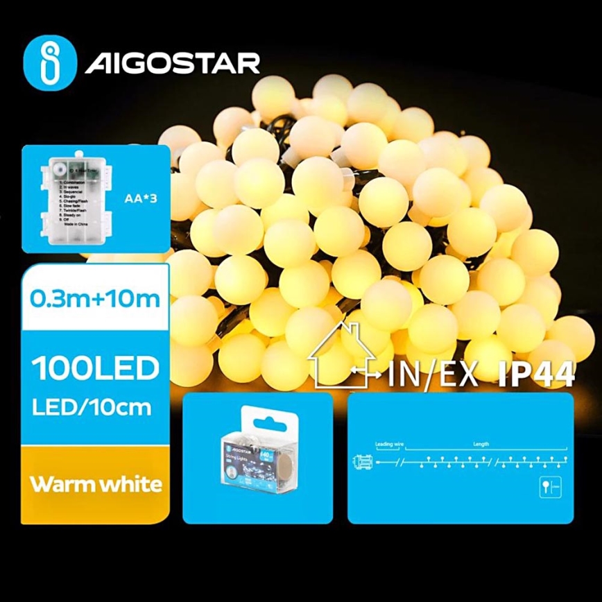 Aigostar - Catena LED natalizia da esterno 100xLED/3xAA/8 funzioni 10,3 m IP44 bianco caldo