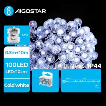 Aigostar - Catena LED natalizia da esterno 100xLED/3xAA/8 funzioni 10,3 m IP44 bianco freddo