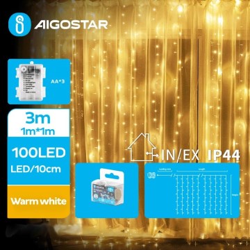 Aigostar - Catena LED natalizia da esterno 100xLED/8 funzioni 3xAA 4x1m IP44 bianco caldo