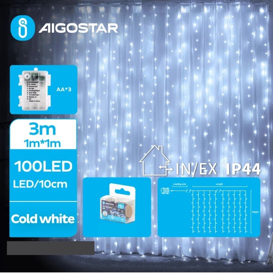 Aigostar - Catena LED natalizia da esterno 100xLED/8 funzioni 3xAA 4x1m IP44 bianco freddo