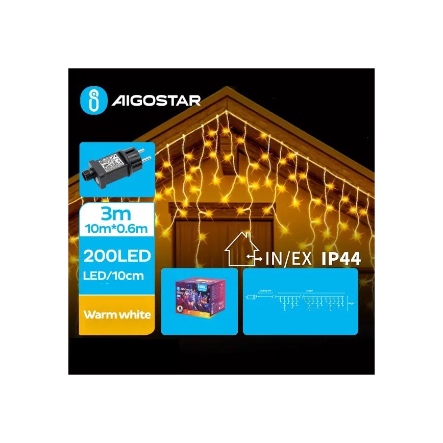 Aigostar - Catena LED natalizia da esterno 200xLED/8 funzioni 13x0,6m IP44 bianco caldo