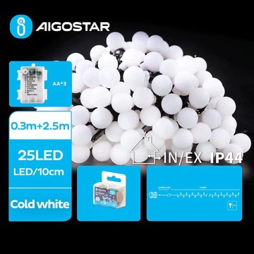 Aigostar - Catena LED natalizia da esterno 25xLED/3xAA/8 funzioni 2,8 m IP44 bianco freddo