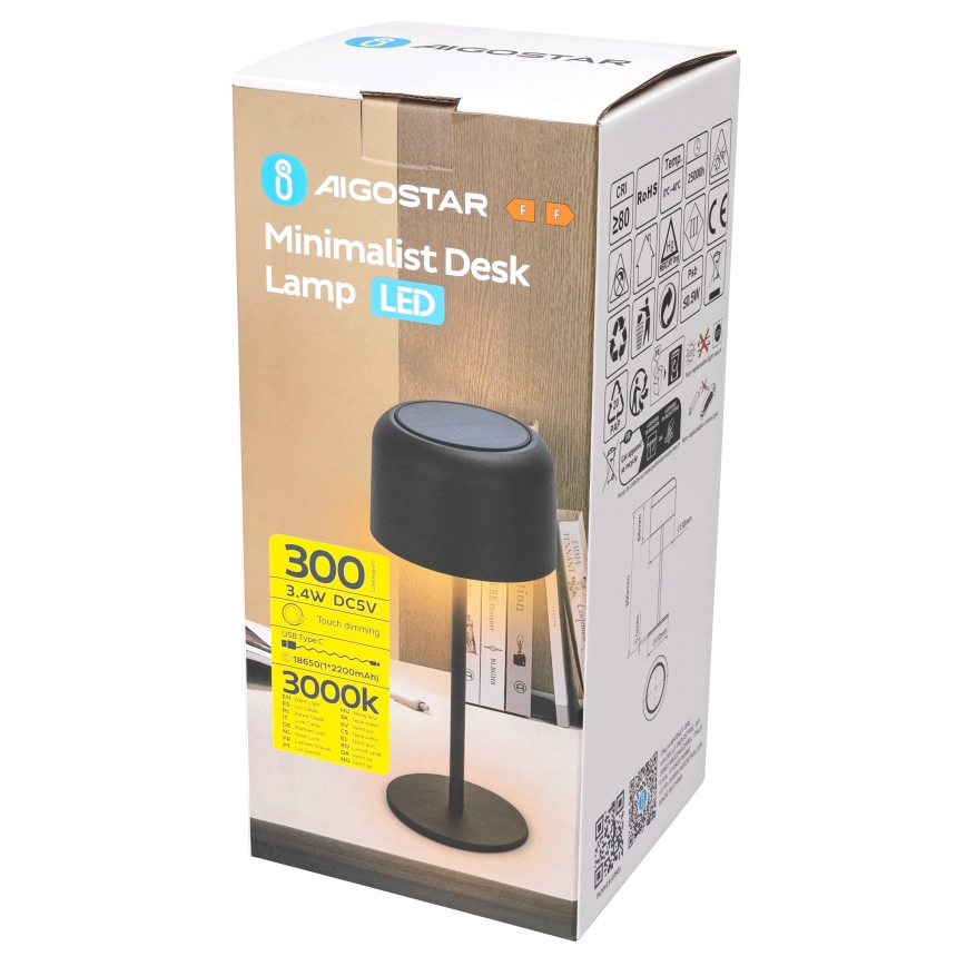 Aigostar - Lampada solare dimmerabile ricaricabile LED/3W/5V 2200mAh nero IP54