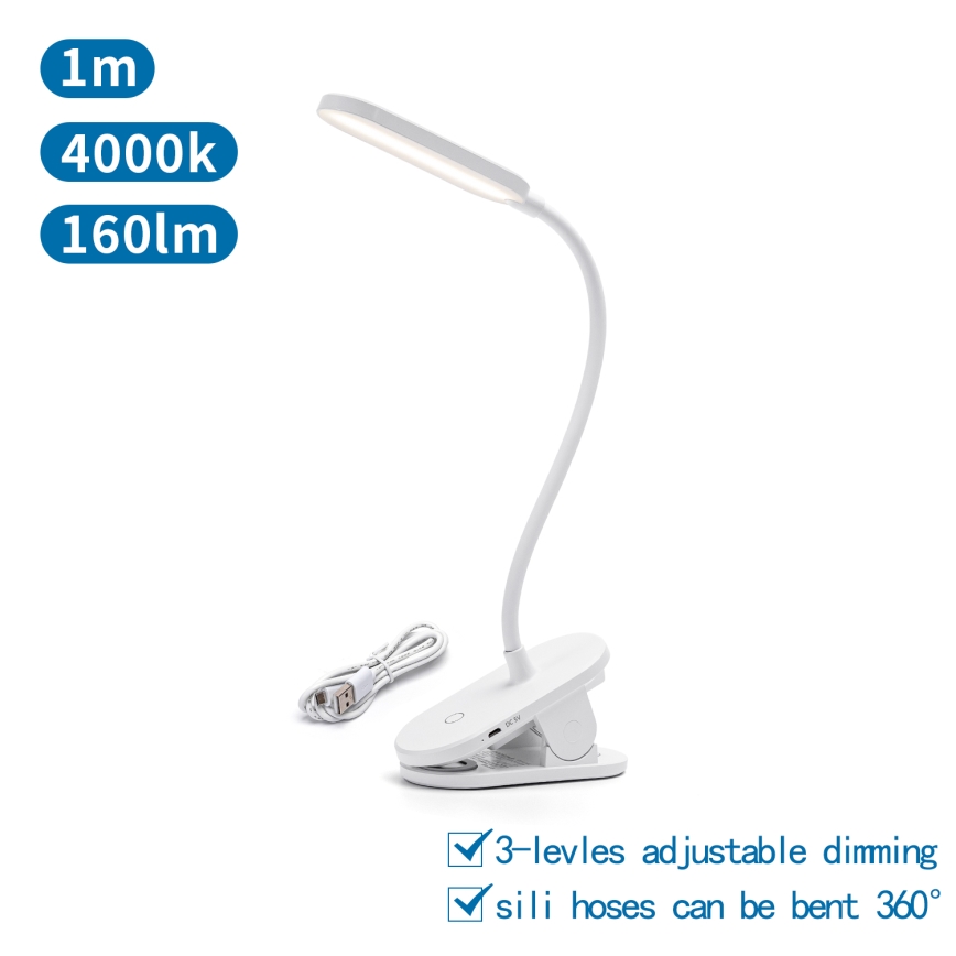 Aigostar - LED Lampada da tavolo ricaricabile dimmerabile con clip LED/2,5W/5V 1200mAh bianco