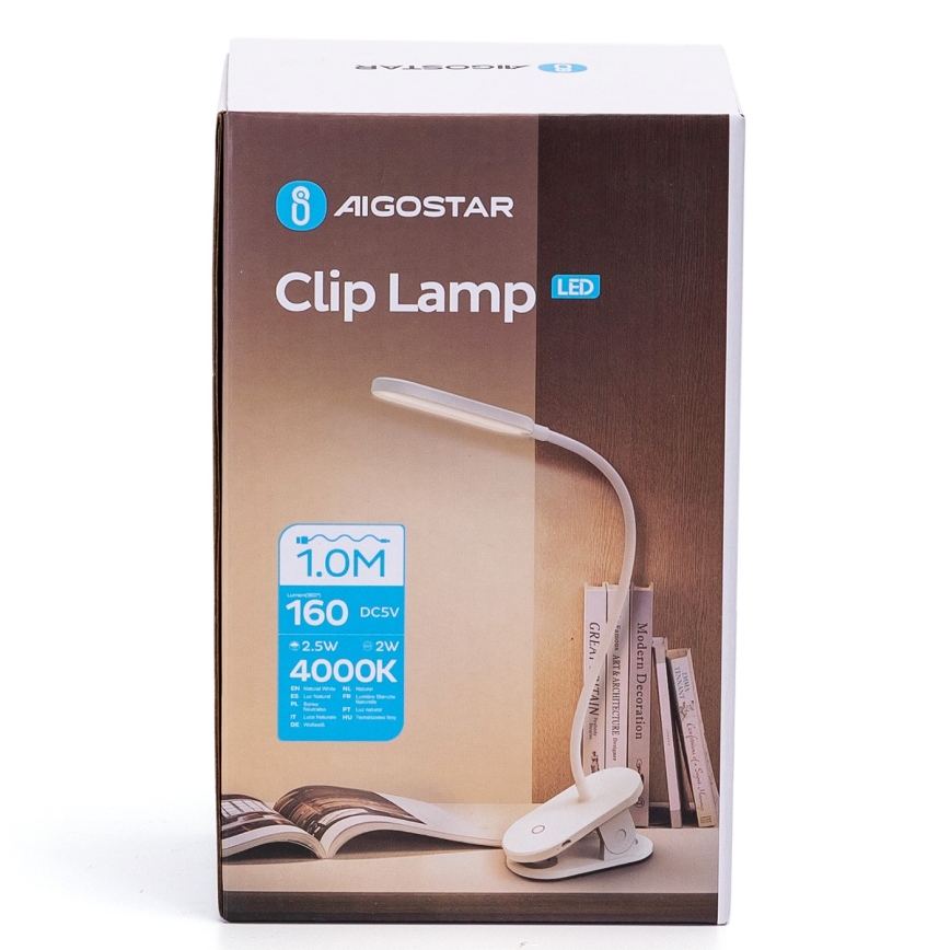 Aigostar - LED Lampada da tavolo ricaricabile dimmerabile con clip LED/2,5W/5V 1200mAh bianco