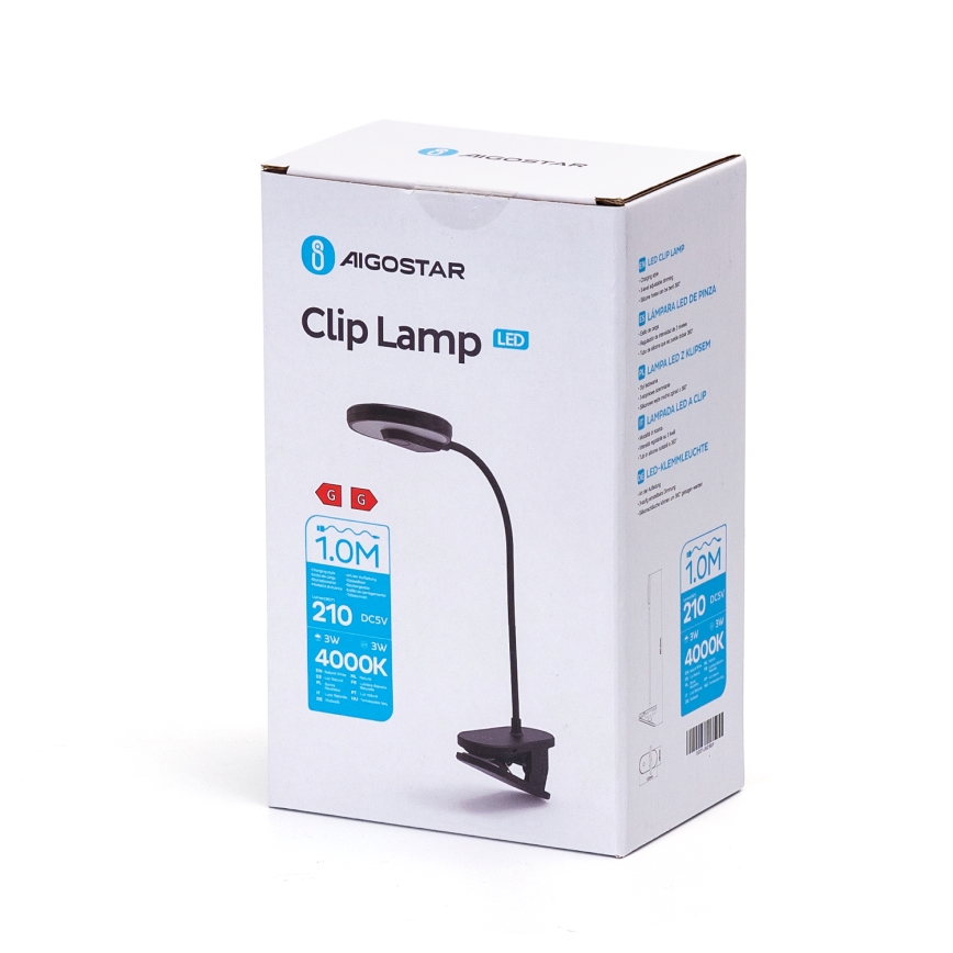 Aigostar - LED Lampada da tavolo ricaricabile dimmerabile con clip LED/3W/5V 1800mAh nero