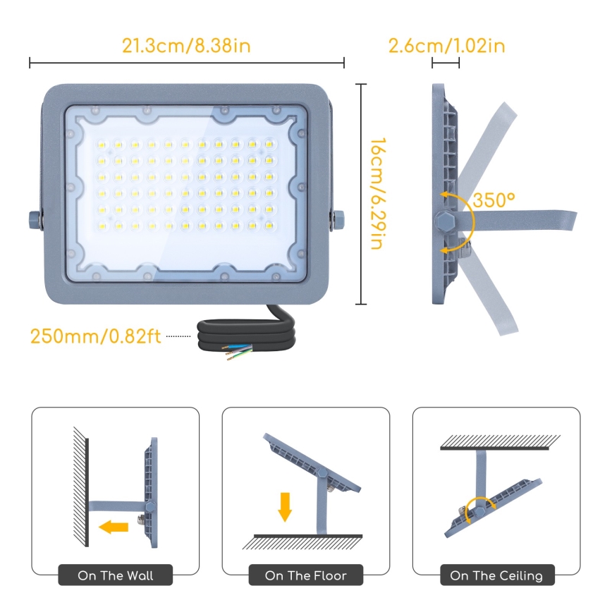 Aigostar - Riflettore LED LED/50W/230V grigio 6500K IP65