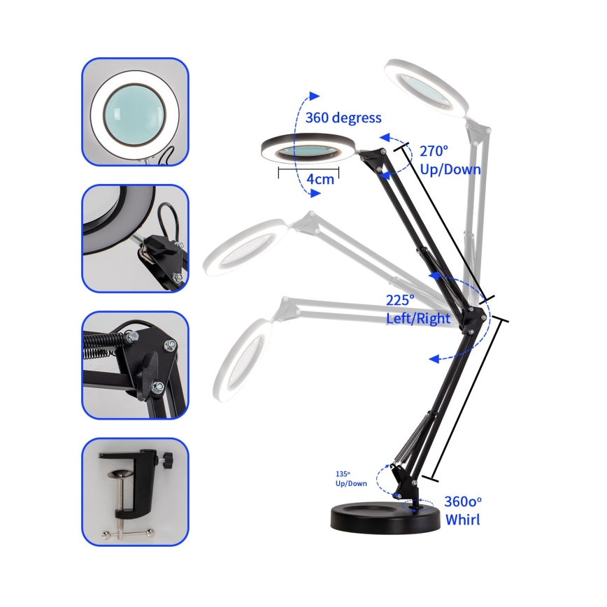 Brilagi - Lampada da tavolo LED dimmerabile con una lente d'ingrandimento LENS LED/12W/5V 3000/4200/6000K nero