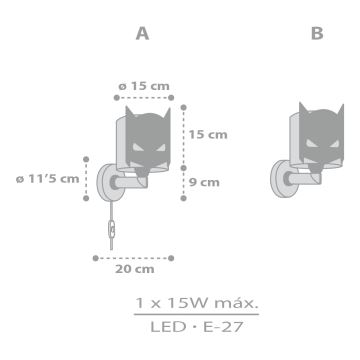 Dalber 61809 - Applique per bambini DARK HERO 1xE27/15W/230V