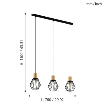 Eglo - Lampadario a sospensione con filo 3xE27/60W/230V - FSC certificato