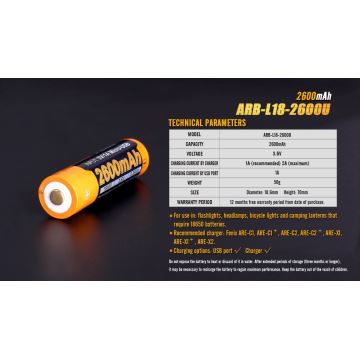 Fenix FE18650LI26USB - 1pz Batteria Ricaricabile USB/3,6V