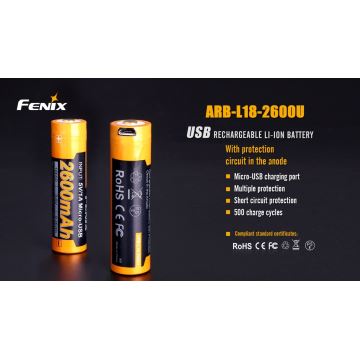 Fenix FE18650LI26USB - 1pz Batteria Ricaricabile USB/3,6V