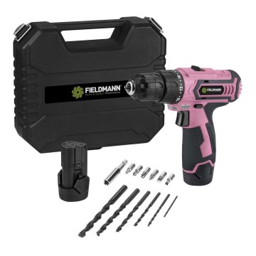 Fieldmann - Trapano avvitatore a batteria con accessori 12V 1300 mAh rosa/nero