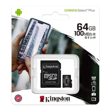 Kingston - MicroSDXC 64GB Canvas Select Plus U1 100MB/s + adattatore SD