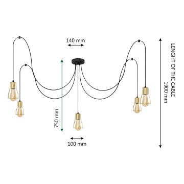 Lampadario a sospensione con filo TUBE 5xE27/15W/230V nero/oro