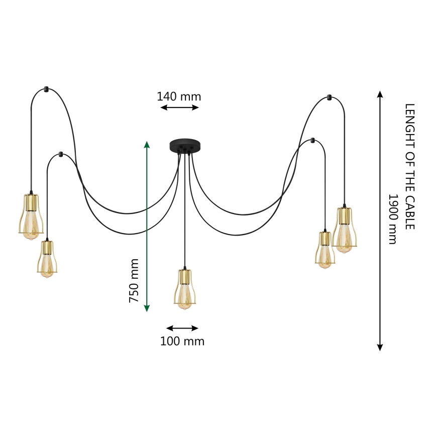 Lampadario a sospensione con filo TUBE 5xE27/15W/230V nero/oro