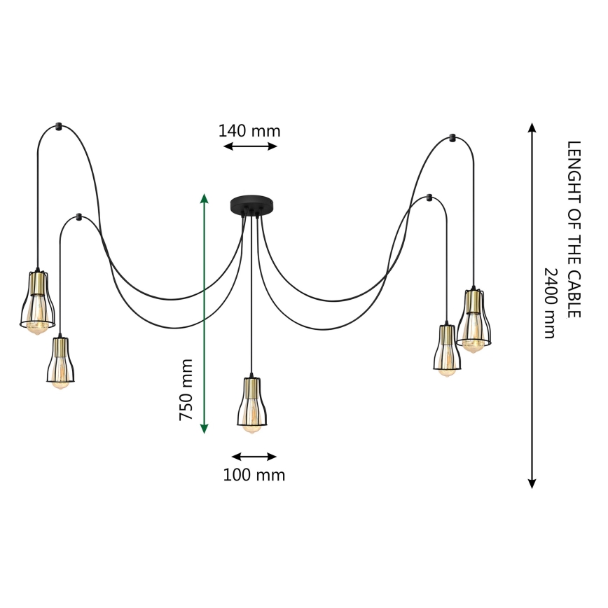 Lampadario a sospensione con filo TUBE LONG 5xE27/15W/230V nero/oro