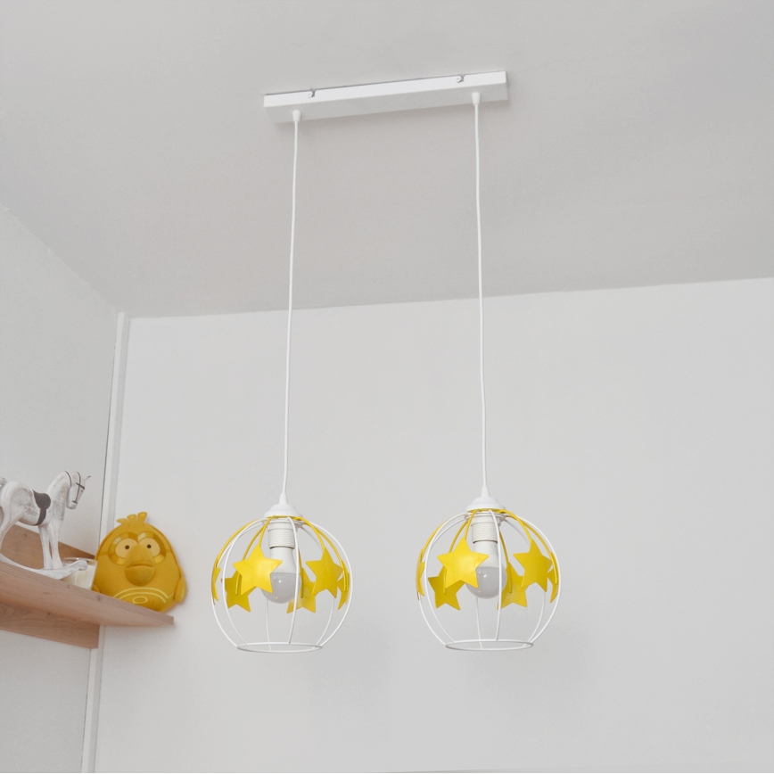 Lampadario a sospensione per bambini STARS 2xE27/15W/230V giallo/bianco