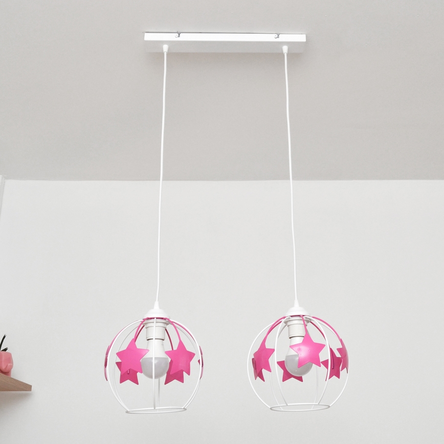 Lampadario a sospensione per bambini STARS 2xE27/15W/230V rosa/bianco