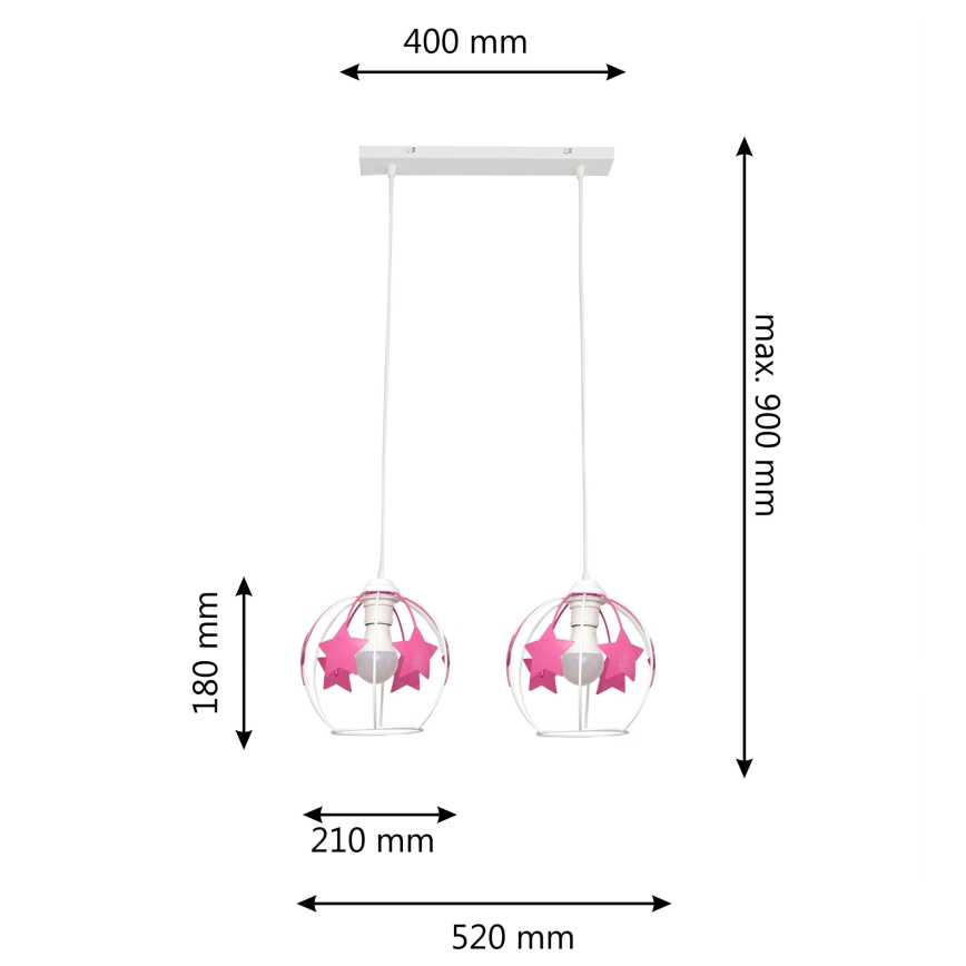 Lampadario a sospensione per bambini STARS 2xE27/15W/230V rosa/bianco