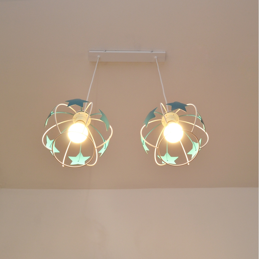 Lampadario a sospensione per bambini STARS 2xE27/15W/230V turchese/bianco