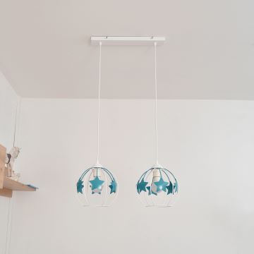 Lampadario a sospensione per bambini STARS 2xE27/15W/230V turchese/bianco