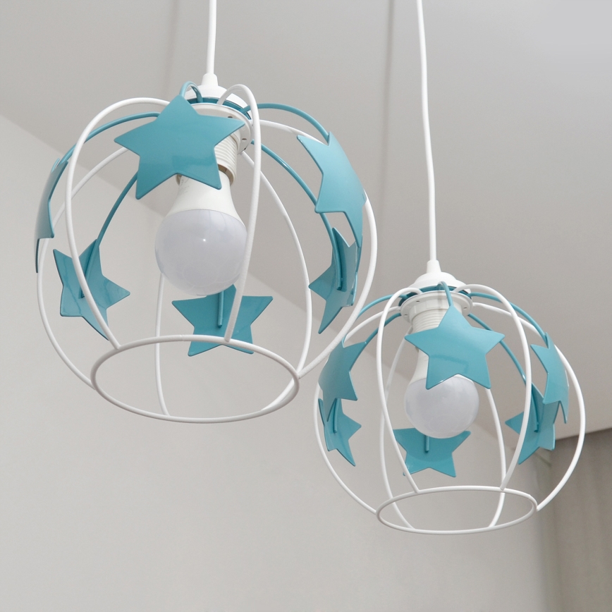 Lampadario a sospensione per bambini STARS 2xE27/15W/230V turchese/bianco