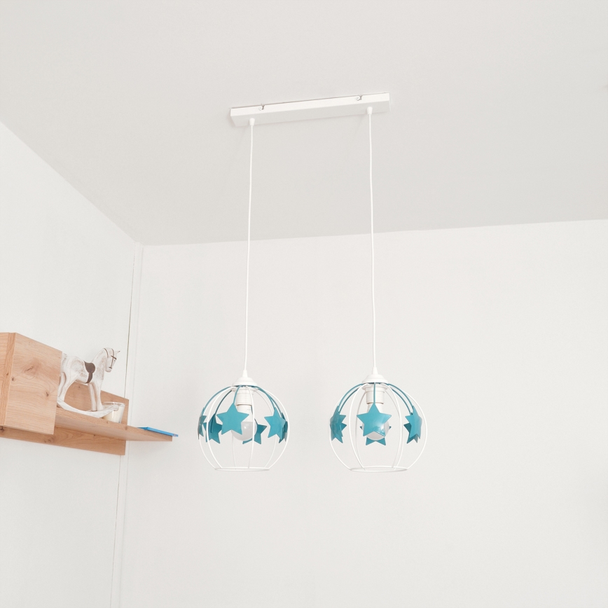 Lampadario a sospensione per bambini STARS 2xE27/15W/230V turchese/bianco