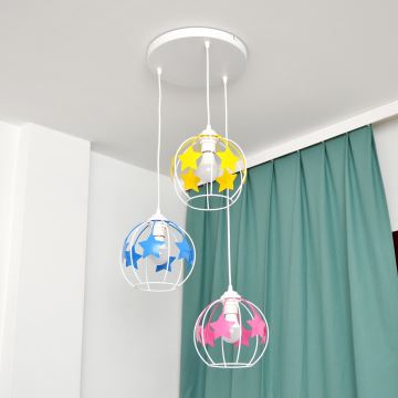 Lampadario a sospensione per bambini STARS 3xE27/15W/230V blu/rosa/giallo