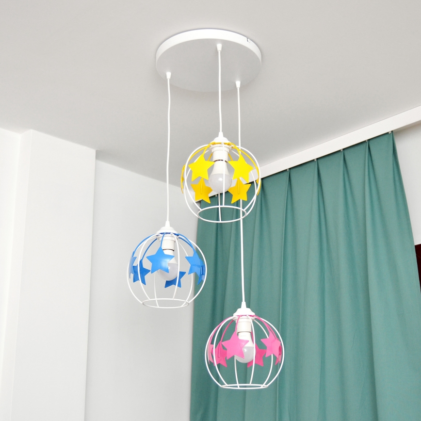 Lampadario a sospensione per bambini STARS 3xE27/15W/230V blu/rosa/giallo