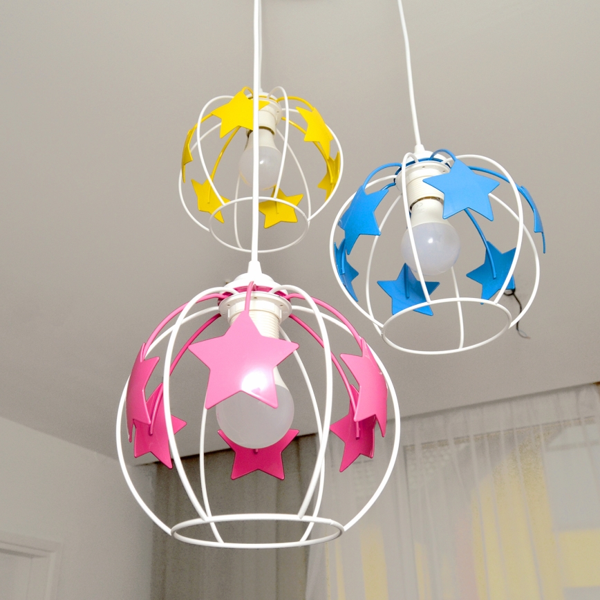 Lampadario a sospensione per bambini STARS 3xE27/15W/230V blu/rosa/giallo