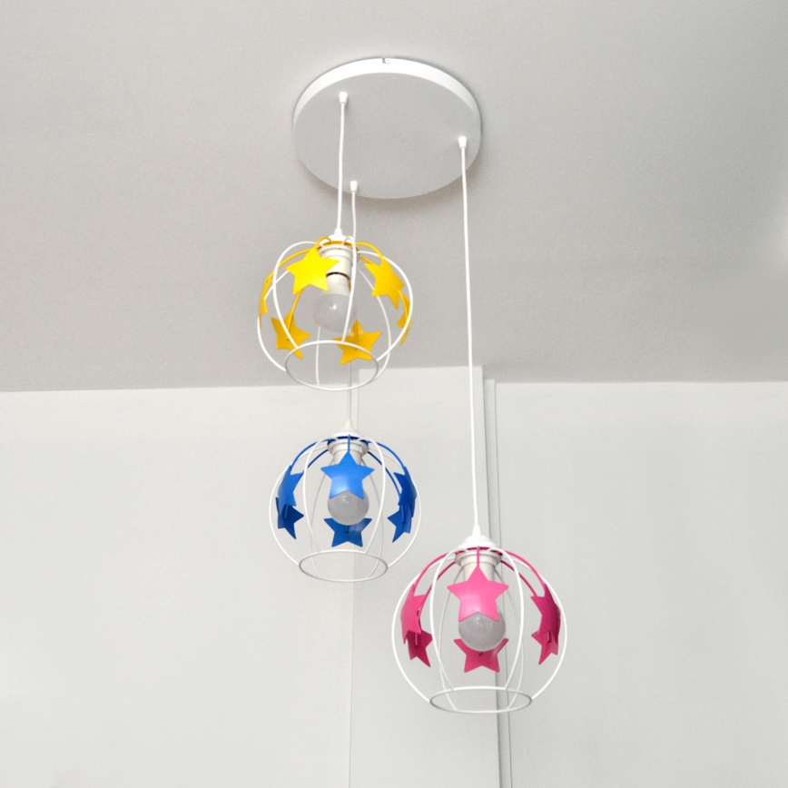 Lampadario a sospensione per bambini STARS 3xE27/15W/230V blu/rosa/giallo