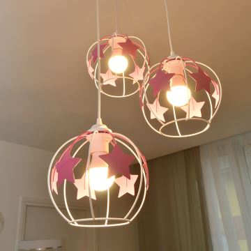 Lampadario a sospensione per bambini STARS 3xE27/15W/230V rosa/bianco