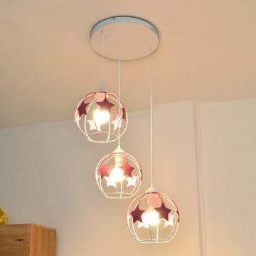 Lampadario a sospensione per bambini STARS 3xE27/15W/230V rosa/bianco