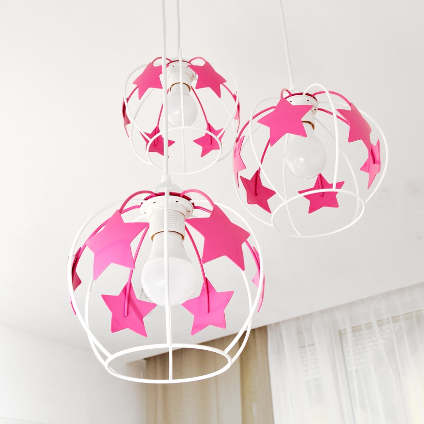 Lampadario a sospensione per bambini STARS 3xE27/15W/230V rosa/bianco