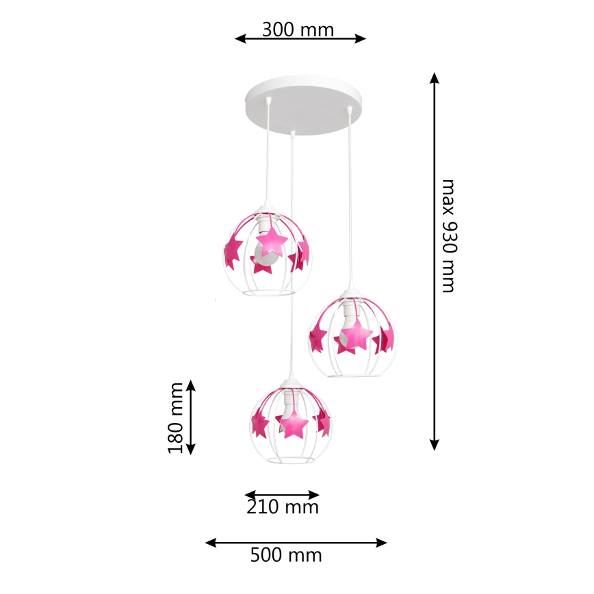 Lampadario a sospensione per bambini STARS 3xE27/15W/230V rosa/bianco