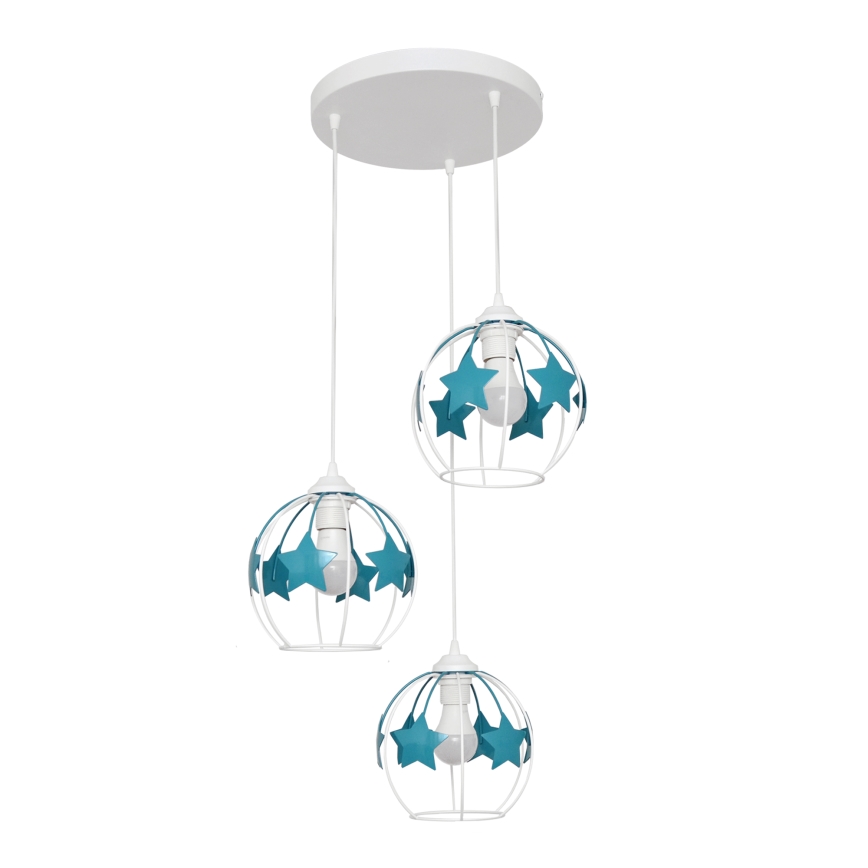 Lampadario a sospensione per bambini STARS 3xE27/15W/230V turchese/bianco