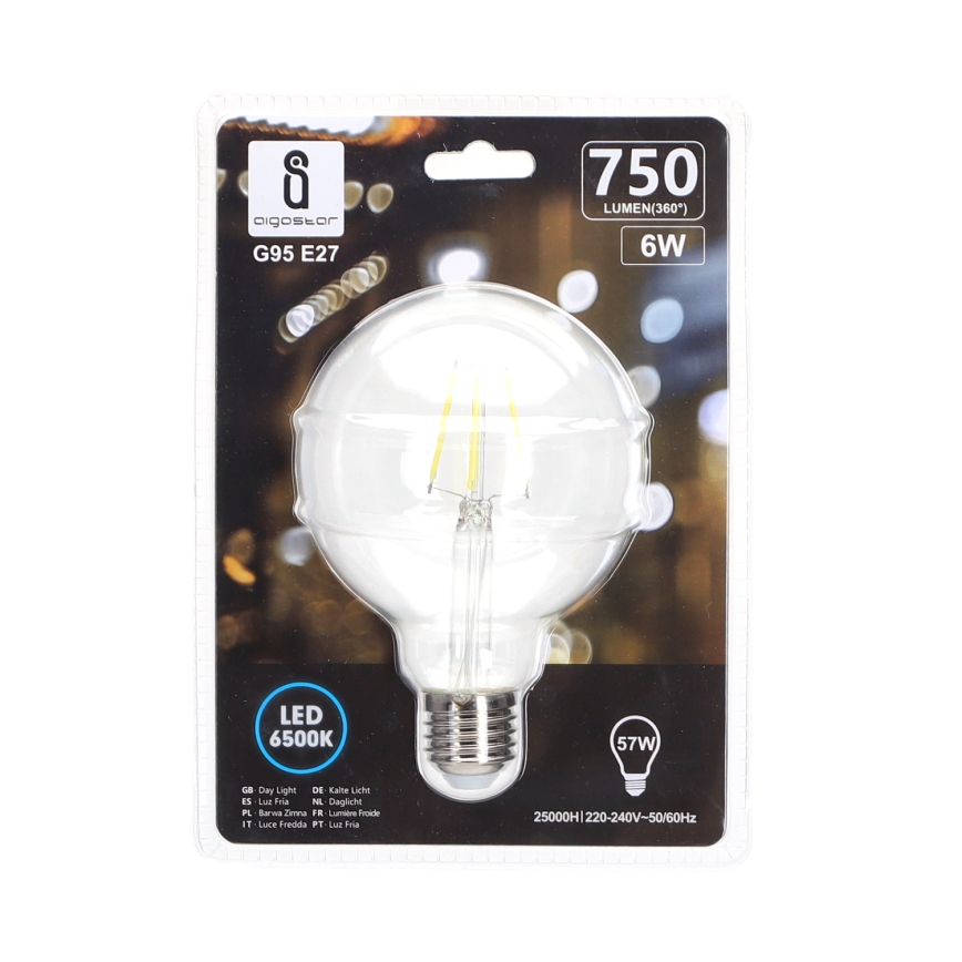 Lampadina LED FILAMENT G95 E27/6W/230V 6500K - Aigostar