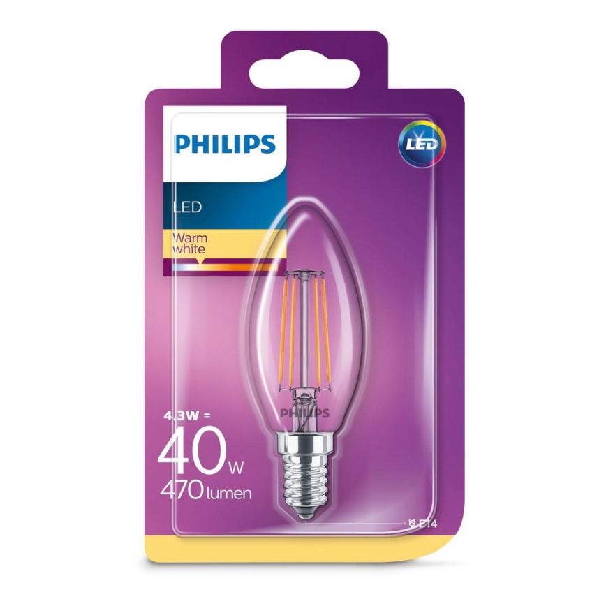 LAMPADINA A LED A FILAMENTO PHILIPS CANDELA 40W E14 2700K, LUCE