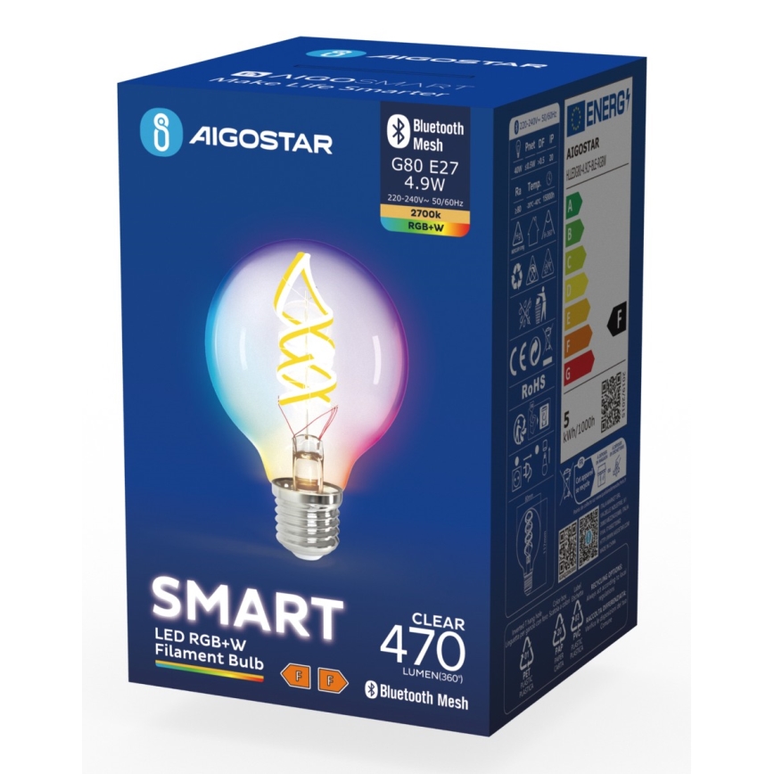 LED RGBW Lampadina FILAMENT G80 E27/4,9W/230V 2700K - Aigostar