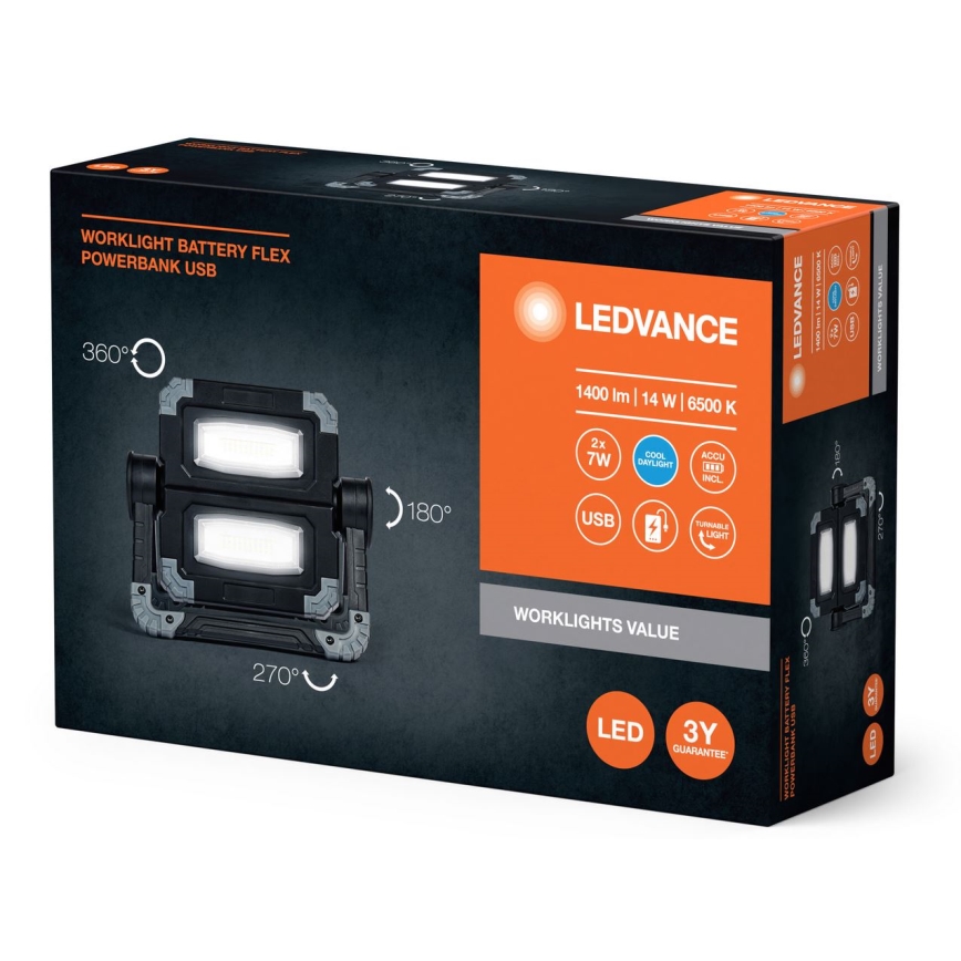 Ledvance - LED Ricaricabile work chiaro WORKLIGHT BATTERY 2xLED/7W/5V