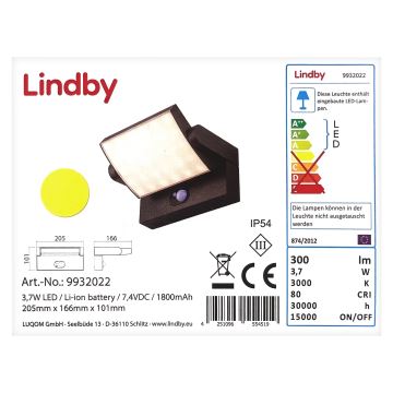 Lindby - Applique solare a LED con sensore SHERIN LED/3,7W/3,7V IP54