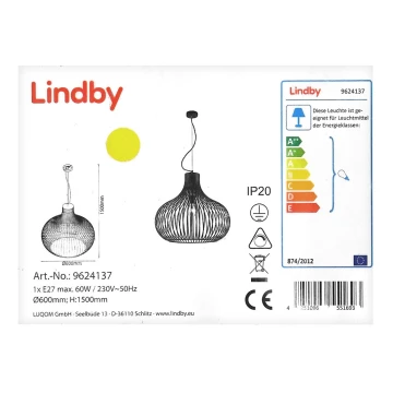 Lindby - Lampadario a sospensione con filo FRANCES 1xE27/60W/230V