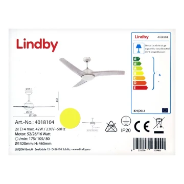 Lindby - Ventilatore da soffitto EMANUEL 2xE14/42W/230V + telecomando