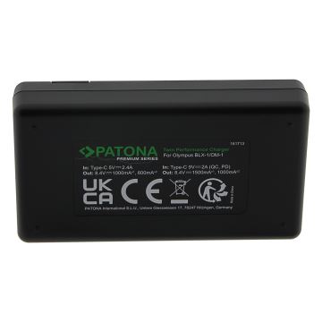 PATONA - Caricabatterie rapido Dual Olympus BLX-1 + cavo USB-C 0,6m