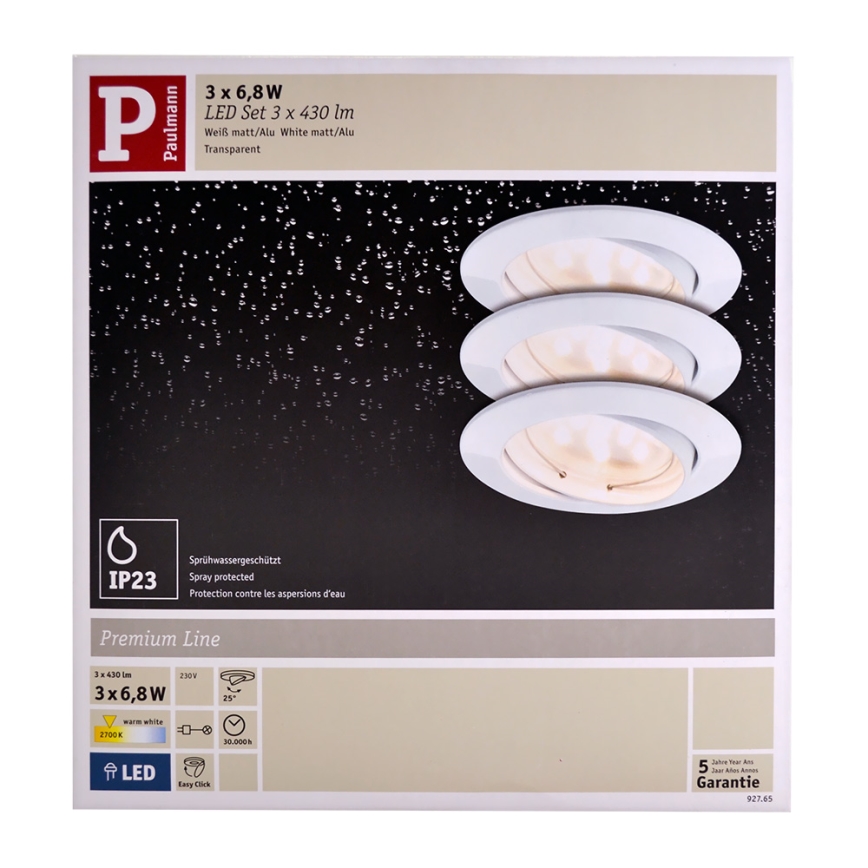 Paulmann 92765 - KIT 3x Lampada LED da incasso COIN 3xLED/6,8W/230V bianco